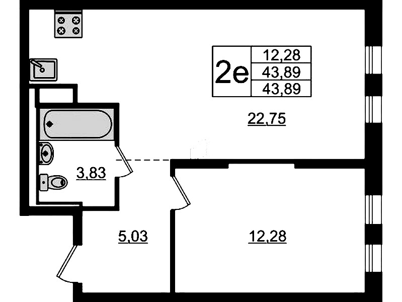 1-комнатная квартира 43.89 м², 12/12 эт., ЖК «Новые Лаврики»
